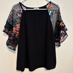 Umgee Black Blouse with Floral Sleeves